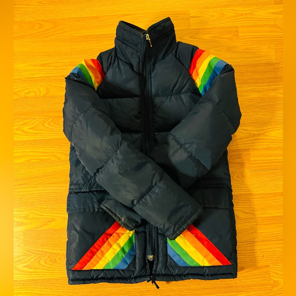 Vintage 70s Prime North Navy Blue Rainbow Stripe Ski Winter Down Jacket VGUC Sm - Picture 2 of 16